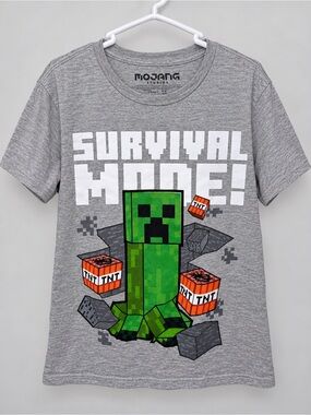 Minecraft Kids Medium Gray Green Creeper TNT Survival Mode Graphic T-Shirt